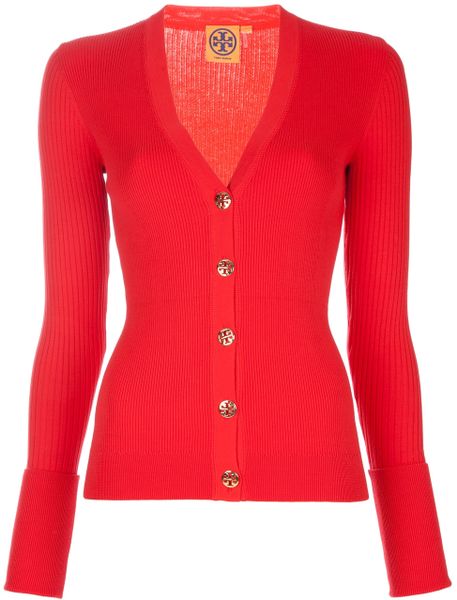 Tory Burch Ribbed Cardigan in Red - Lyst