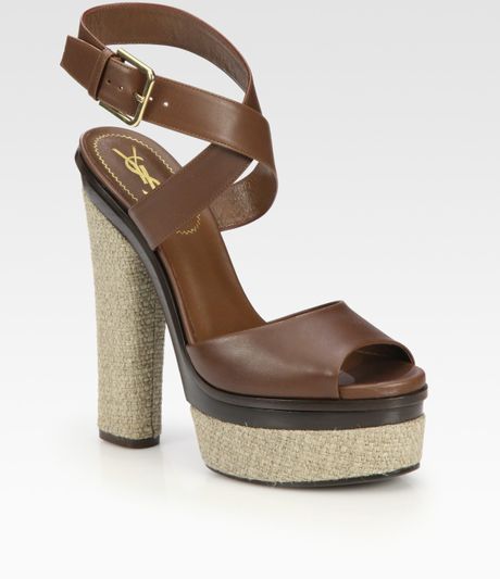 Yves Saint Laurent Leather and Hemp Platform Sandals in Brown (cognac) - Lyst