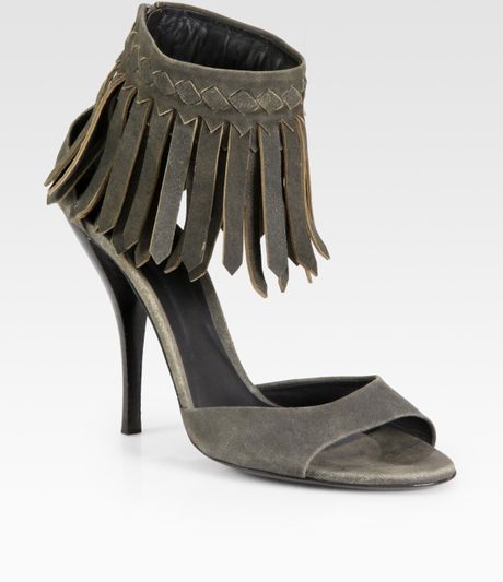 Bottega Veneta Suede Fringe Sandals in Gray (grey) | Lyst