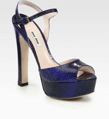 Miu Miu Snake Print Leather Slingback Platform Sandals in Blue - Lyst