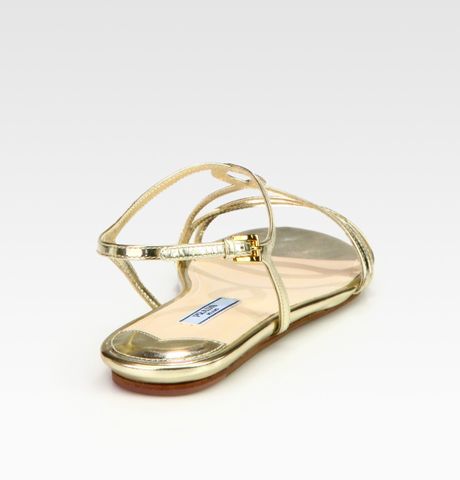 Prada Metallic Leather Flat Sandals in Gold | Lyst