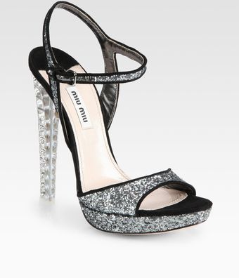 Miu Miu Glitter and Suede Jeweled Heel Sandals - Lyst