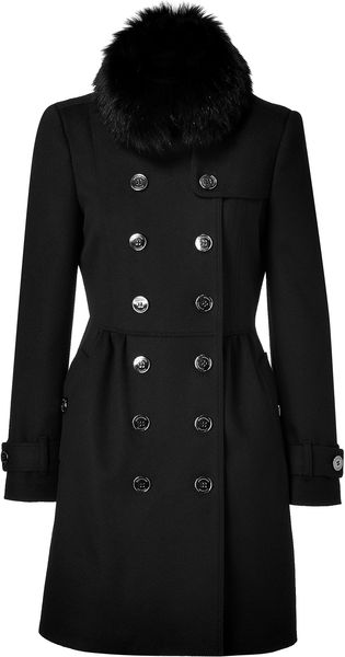 Burberry Black Double-breasted Coat with Removable Fur Collar - Lyst