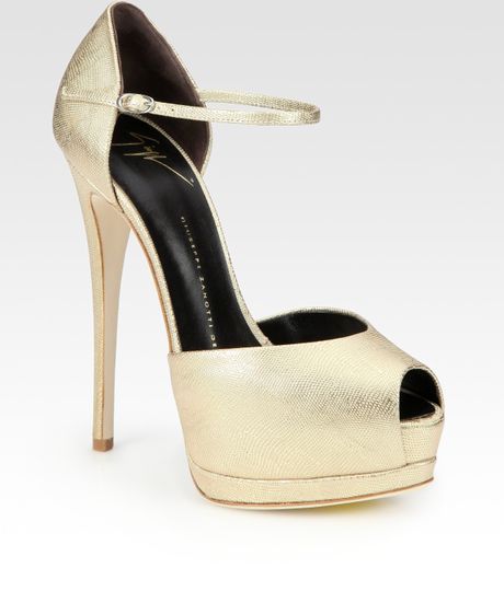 Giuseppe Zanotti Metallic Leather Peep Toe Mary Jane Pumps in Gold - Lyst