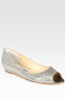 Jimmy Choo Beck Glitter-coated Metallic Leather Peep Toe Ballet Flats - Lyst