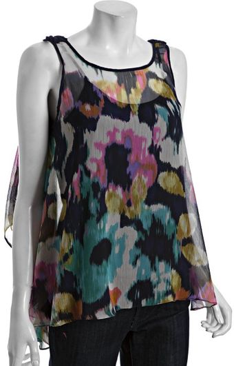 Kas Navy Watercolor Print Chiffon Chloe Braid Trim Sleeveless Tank - Lyst