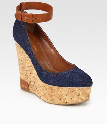 Sergio Rossi Denim and Leather Wedge Sandals - Lyst