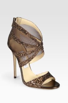 Jimmy Choo Leila Glitter-coated Metallic Leather and Mesh Sandals - Lyst