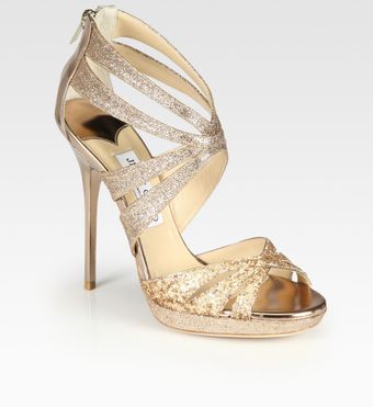 Jimmy Choo Garland Two-tone Glitter-coated Metallic Leather Sandals - Lyst