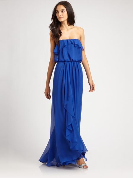 Aidan Mattox Strapless Cascade Gown in Blue (gold) - Lyst