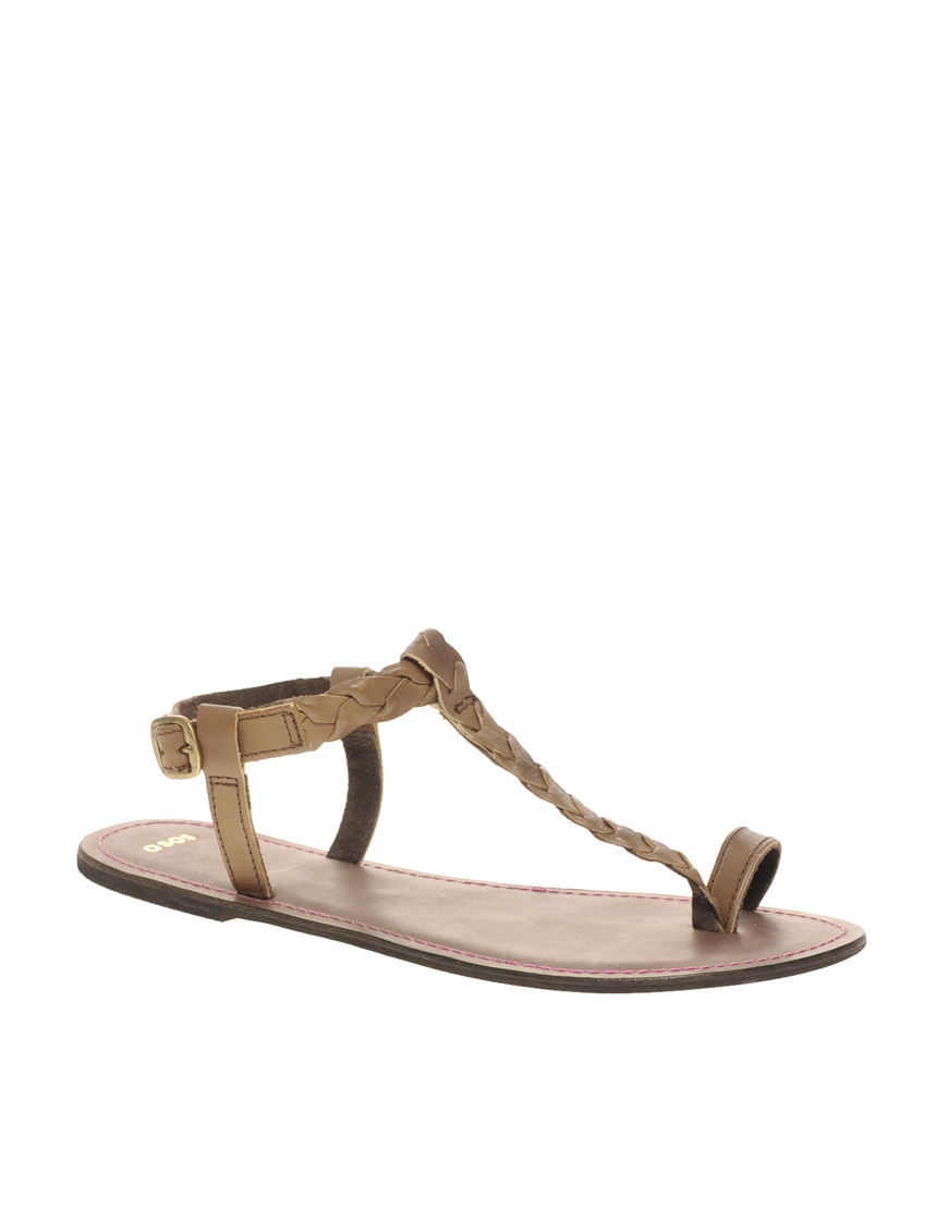 ... Asos Freida Leather Flat Sandals with Woven Toe Loop in Gray (brown
