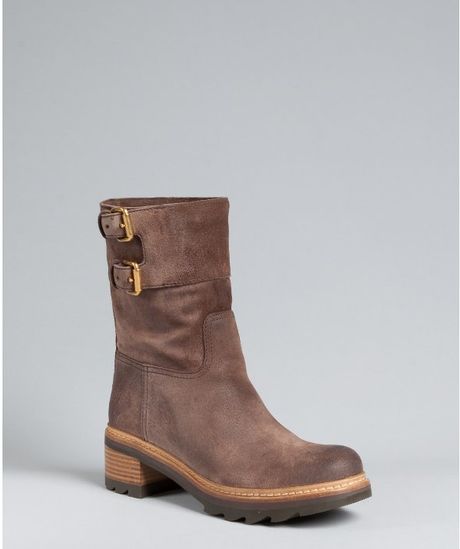 Prada  Suede Double Buckle Boots in Brown - Lyst