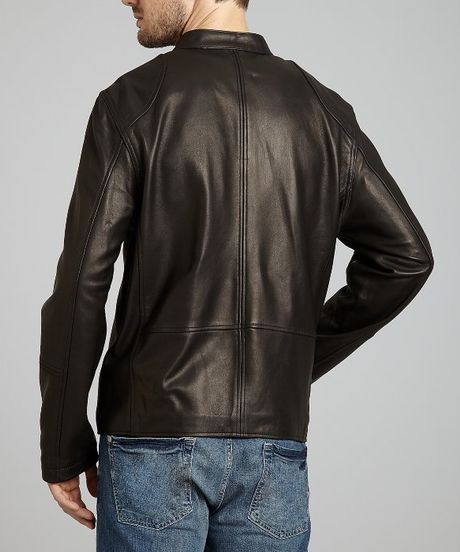 Cole Haan Black Leather Banded Collar Zip Jacket in Black for Men | Lyst