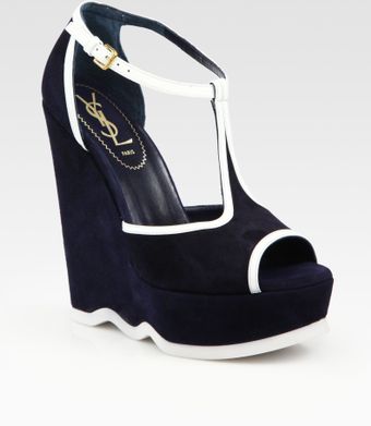 Yves Saint Laurent Suede & Leather T-strap Platform Wedge Sandals - Lyst