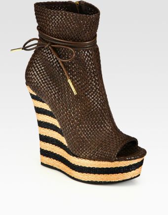 Burberry Prorsum Woven Leather Peep Toe Wedge Ankle Boots - Lyst