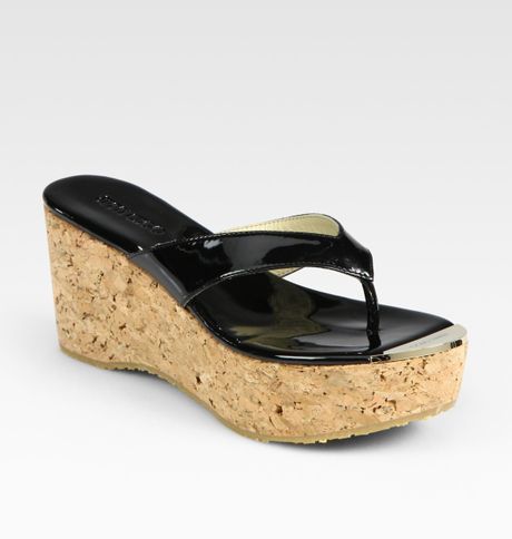 Jimmy Choo Patent Leather Thong Wedge Sandals in Black | Lyst