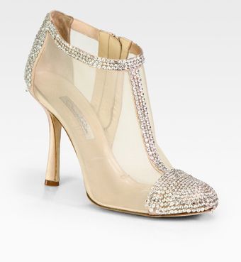 Oscar de la Renta Embellished Satin and Mesh Ankle Boots - Lyst