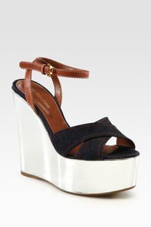 Sergio Rossi Denim and Leather Platform Wedge Sandals - Lyst