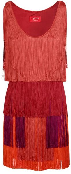 Lanvin Tiered Fringed Silk Satin Dress - Lyst