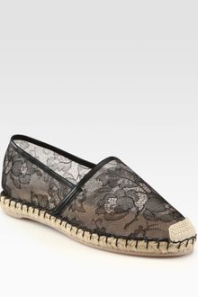Valentino Semi-sheer Lace and Leather Espadrille Loafers - Lyst