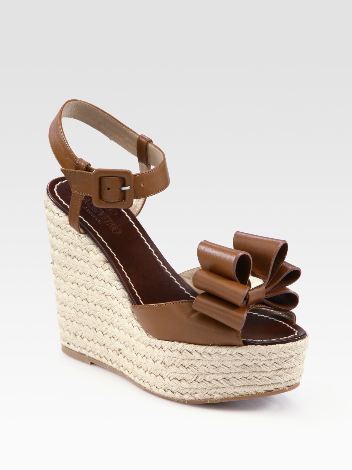 Valentino Studded Versailles Leather Bow Espadrille Wedges in Brown (cognac) | Lyst