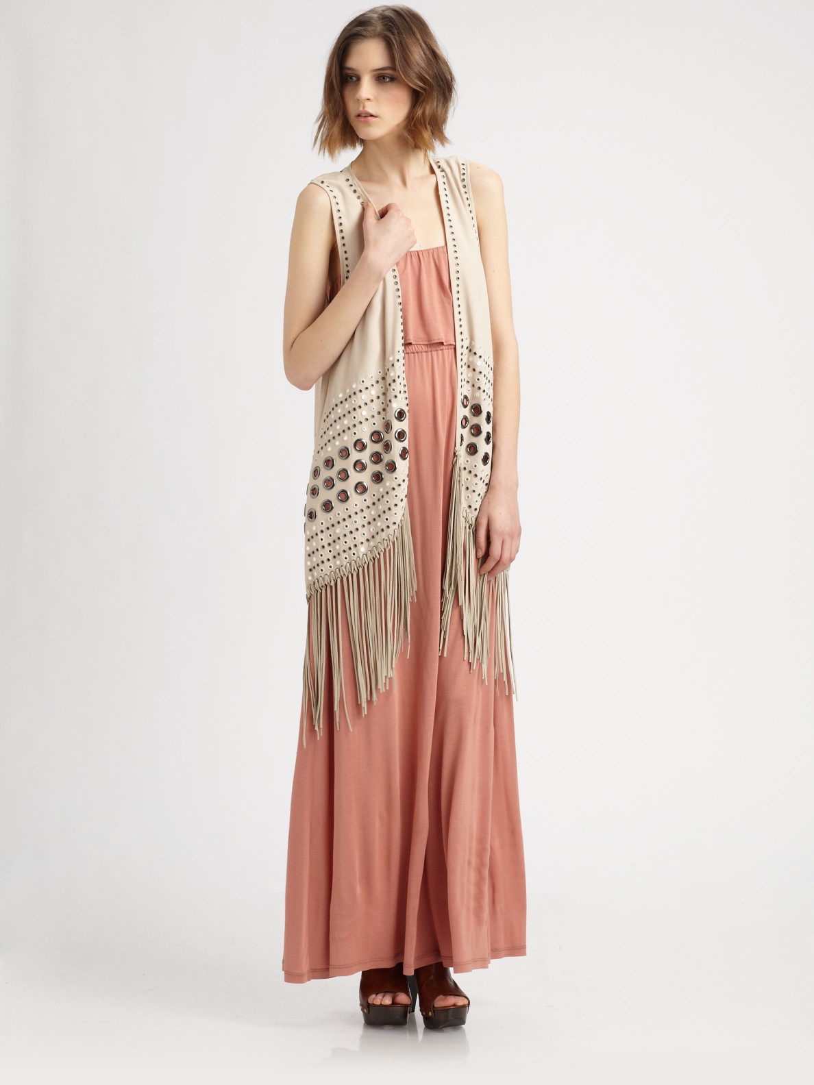 Haute Hippie Long Fringed Vest In Beige Lyst