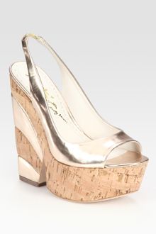 Alice + Olivia Metallic Leather Slingback Cork Wedge Sandals - Lyst