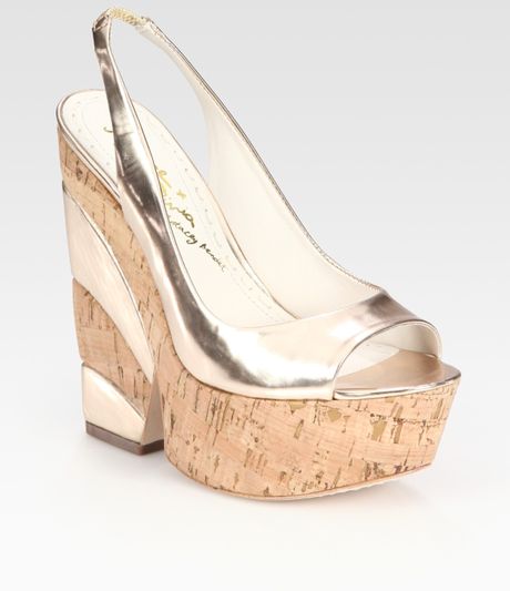 wedge  sandals Metallic slingback Wedge  Gold Cork Lyst cork Leather in Olivia Sandals  Slingback