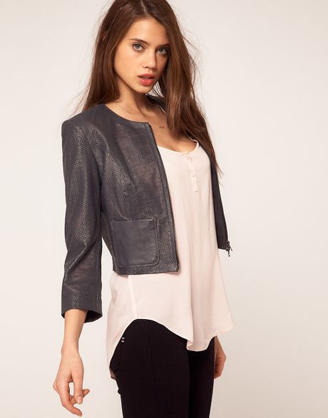 Asos Collection Laser Cut Leather Jacket in Gray (grey) - Lyst