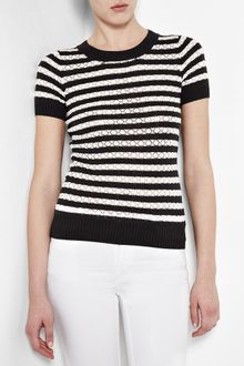 Farhi By Nicole Farhi Ivory and Navy Candide Lattice Stripe Pointelle Top - Lyst