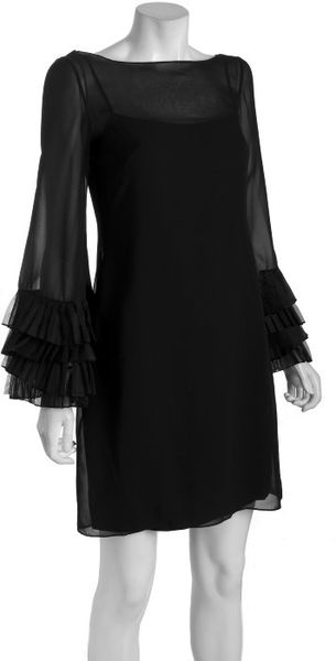  Black Chiffon Pleated Organza Bell Sleeve Dress 