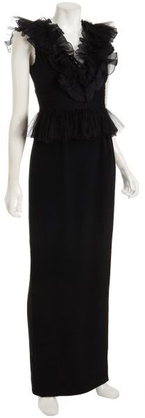  Black Silk V-neck Ruffed Bodice Evening Gown 
