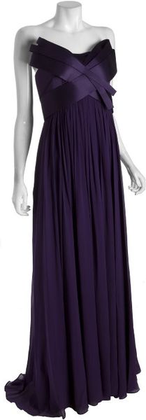  Violet Silk Chiffon Strapless Sculpted Bodice Evening Gown 