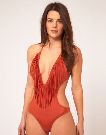 River Island Rust Tassle Front Cut Out Swimsuit - Lyst