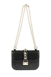 Valentino Rockstud Lock Shoulder Bag In Black Leather With Golden Chain Shoulder Strap And Large Studs - Lyst