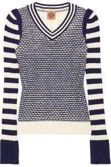 Tory Burch Alarice Contrast-striped Cotton Sweater - Lyst