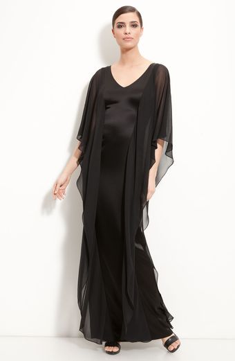  Collection V-neck Satin Gown with Chiffon Overlays 