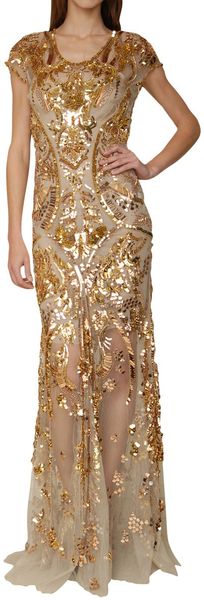 Roberto Cavalli Tulle Mermaid Dress with Golden Sequins Embrodery in Beige (mermaid) - Lyst