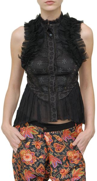 Roberto Cavalli Sleeveless Embroidery Chiffon Blouse in Black - Lyst