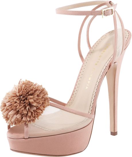 Charlotte Olympia Mesh Pompom Platform Sandal in Beige (nude) - Lyst