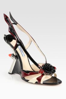 Prada Embellished Patent Leather Slingback Wedge Sandals - Lyst