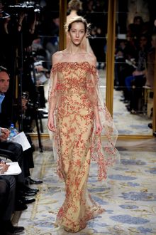 Marchesa Fall 2012 Open Shoulder Evening Gown With Floral Embroidered Chiffon Layer  With Long Cape Sleeves  In Nude - Lyst