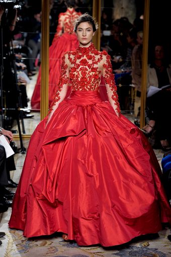 Marchesa Fall 2012 Long Sleeve Evening Gown With See Through Top Embroidered With Florals In Red - Lyst