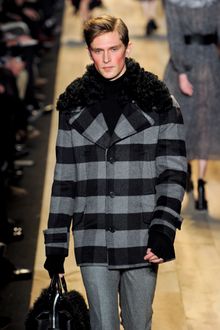 Michael Kors Fall 2012 Short Buffalo Plaid Single Breasted Coat With Oversized Mongolian Fur Trimmed Collar In Grey - Lyst