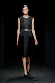 Calvin Klein Fall 2012 Sleeveless Knee Length Panelled Dress With Sheer Decolletage Insert In Dark Grey And Black  - Lyst