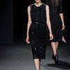 Calvin Klein Fall 2012 Sleeveless Knee Length Pencil Net Dress With Leather Binding On Armholes And Neckline In Black  in Black - Lyst