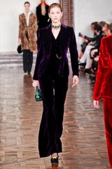 Ralph Lauren Fall 2012 3-Piece Velvet Suit With Single Breasted Jacket, Vest And Wide Leg Flared Pants In Aubergine