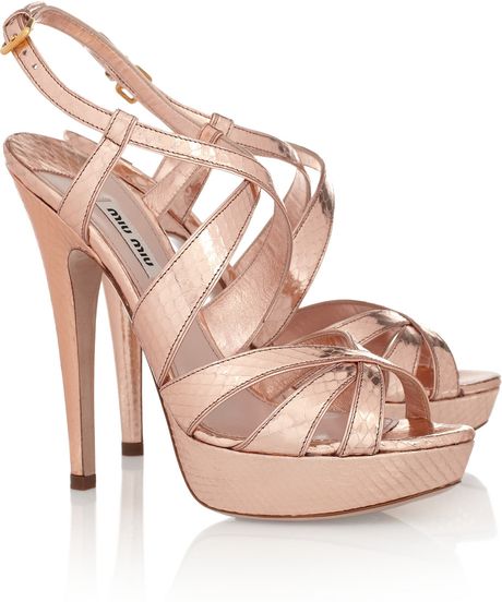 Miu Miu Metallic Watersnake Sandals in Pink (rose) - Lyst