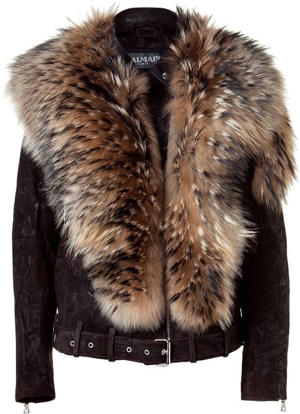 Balmain Brown Leather Biker Jacket with Fur Collar in Brown - Lyst