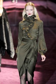 Gucci Fall 2012 Asymmetrical High Collar Blouse With Frills And Pre-Rafaelite Puffed Sleeves In Dark Green - Lyst